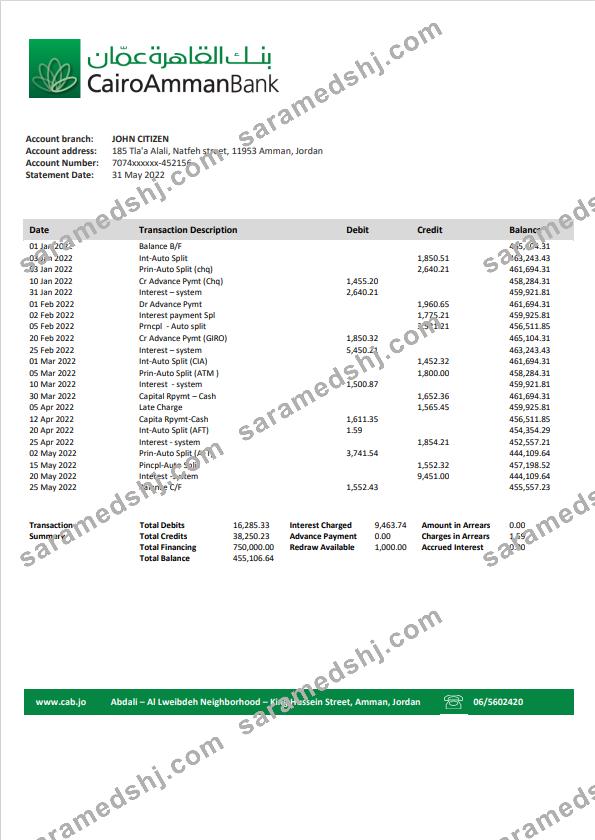 Jordan Cairo Amman Bank statement template in Word and PDF format